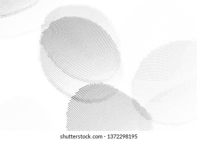 Abstract monochrome halftone geometric pattern. Soft curves. Stains and splashes. Vector illustration with dots. Modern polka dotten background for web banners, covers, greeting cards