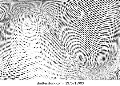 Abstract monochrome halftone geometric pattern. Soft curves. Stains and splashes. Vector illustration with dots. Modern polka dotten background for web banners, covers, greeting cards