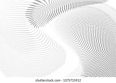 Abstract monochrome halftone geometric pattern. Soft curves. Stains and splashes. Vector illustration with dots. Modern polka dotten background for web banners, covers, greeting cards