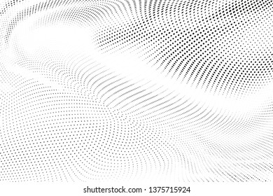 Abstract monochrome halftone geometric pattern. Soft curves. Stains and splashes. Vector illustration with dots. Modern polka dotten background for web banners, covers, greeting cards