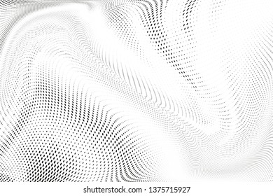 Abstract monochrome halftone geometric pattern. Soft curves. Stains and splashes. Vector illustration with dots. Modern polka dotten background for web banners, covers, greeting cards