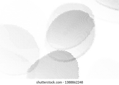 Abstract monochrome halftone geometric pattern. Soft curves. Stains and splashes. Vector illustration with dots. Modern polka dotten background for web banners, covers, greeting cards
