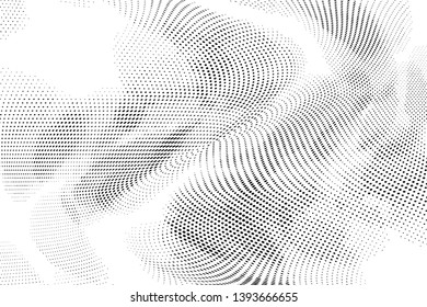 Abstract monochrome halftone geometric pattern. Soft curves. Stains and splashes. Vector illustration with dots. Modern polka dotten background. Template for design