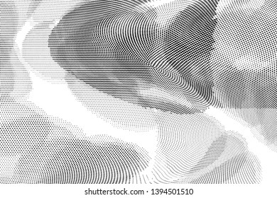 Abstract monochrome halftone geometric pattern. Soft curves. Stains and splashes. Dotten black and white vector illustration. Modern polka dots background. Template for design