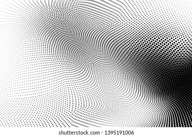 Abstract monochrome halftone geometric pattern. Soft curves. Stains and splashes. Dotten vector illustration. Modern polka dots background. Template for design