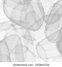 Abstract monochrome halftone geometric pattern. Soft curves. Circles, stains and splashes. Square vector illustration with dots. Modern polka dotten background. Template for design