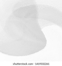 Abstract monochrome halftone geometric pattern. Soft curves. Circles, stains and splashes. Square vector illustration with dots. Modern polka dotten background. Template for design