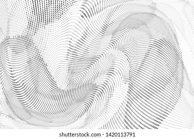 Abstract monochrome halftone geometric pattern. Soft curves. Stains and splashes. Vector illustration with dots. Modern polka dotten background. Template for design