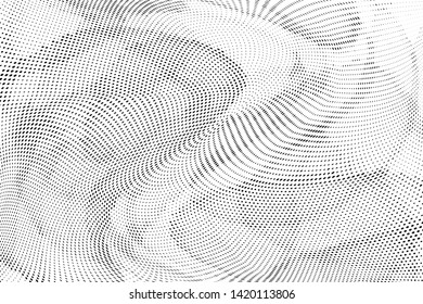 Abstract monochrome halftone geometric pattern. Soft curves. Stains and splashes. Vector illustration with dots. Modern polka dotten background. Template for design