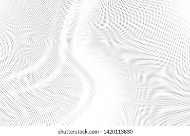 Abstract monochrome halftone geometric pattern. Soft curves. Stains and splashes. Vector illustration with dots. Modern polka dotten background. Template for design