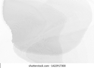 Abstract monochrome halftone geometric pattern. Soft curves. Stains and splashes. Vector illustration with dots. Modern polka dotten background. Template for design, web banners, prints