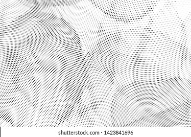 Abstract monochrome halftone geometric pattern. Soft curves. Stains and splashes. Vector illustration with dots. Modern polka dotten background. Template for design, web banners, prints