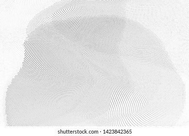 Abstract monochrome halftone geometric pattern. Soft curves. Stains and splashes. Vector illustration with dots. Modern polka dotten background. Template for design, web banners, prints