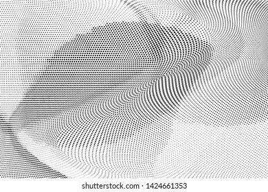 Abstract monochrome halftone geometric pattern. Soft curves. Stains and splashes. Vector illustration with dots. Modern polka dotten background. Template for design, web banners, prints