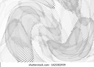 Abstract monochrome halftone geometric pattern. Soft curves. Stains and splashes. Vector illustration with dots. Modern polka dotted background. Template for design, web banners, prints