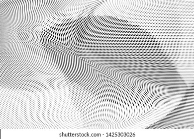 Abstract monochrome halftone geometric pattern. Soft curves. Stains and splashes. Vector illustration with dots. Modern polka dotted background. Template for design, web banners, prints