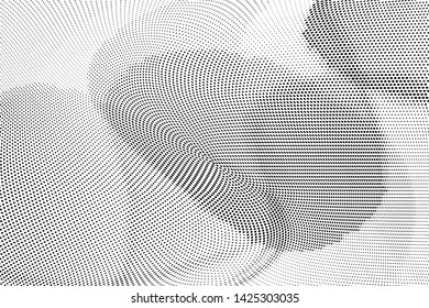 Abstract monochrome halftone geometric pattern. Soft curves. Stains and splashes. Vector illustration with dots. Modern polka dotted background. Template for design, web banners, prints