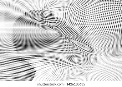 Abstract monochrome halftone geometric pattern. Soft curves. Stains and splashes. Vector illustration with dots. Modern polka dotted background. Template for design, web banners, prints