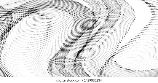 Abstract monochrome halftone geometric pattern. Soft curves. Stains and splashes. Panoramic vector illustration with dots. Modern polka dotten background. Template for design, web banners, prints
