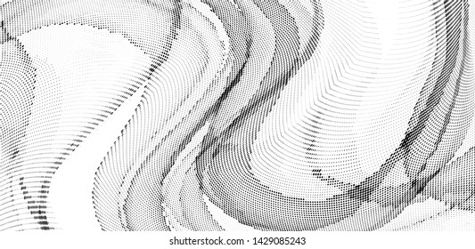 Abstract monochrome halftone geometric pattern. Soft curves. Stains and splashes. Panoramic vector illustration with dots. Modern polka dotten background. Template for design, web banners, prints