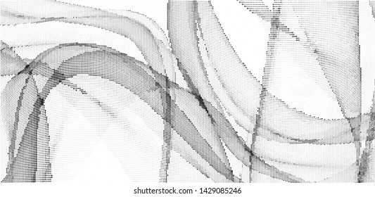 Abstract monochrome halftone geometric pattern. Soft curves. Stains and splashes. Panoramic vector illustration with dots. Modern polka dotted background. Template for design, web banners, prints