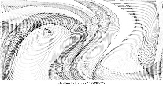 Abstract monochrome halftone geometric pattern. Soft curves. Stains and splashes. Panoramic vector illustration with dots. Modern polka dotted background. Template for design, web banners, prints