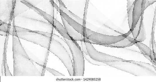 Abstract monochrome halftone geometric pattern. Soft curves. Stains and splashes. Panoramic vector illustration with dots. Modern polka dotted background. Template for design, web banners, prints