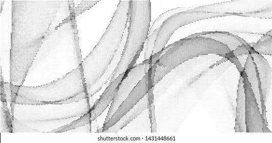 Abstract monochrome halftone geometric pattern. Soft curves. Stains and splashes. Half tone panoramic vector illustration with dots. Modern polka dotted background. Template for design, web banners