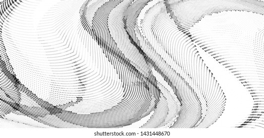 Abstract monochrome halftone geometric pattern. Soft curves. Stains and splashes. Half tone panoramic vector illustration with dots. Modern polka dotted background. Template for design, web banners