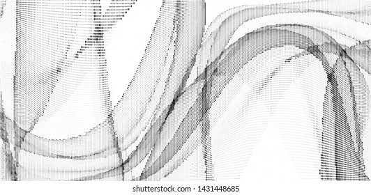 Abstract monochrome halftone geometric pattern. Soft curves. Stains and splashes. Half tone panoramic vector illustration with dots. Modern polka dotted background. Template for design, web banners