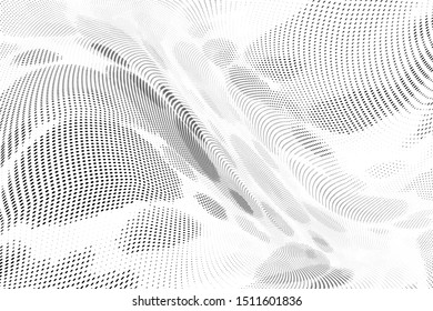 Abstract monochrome halftone geometric pattern. Soft curves. Stains and splashes. Vector illustration with dots. Modern polka dotten background