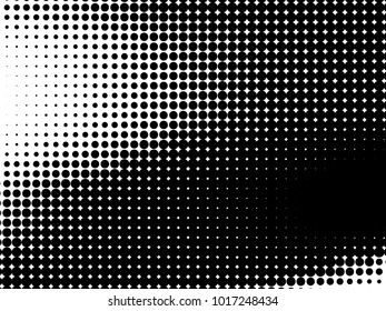 Abstract monochrome halftone pattern. Futuristic panel. Gunge dotted backdrop with circles, dots, point. Design element for web banners, posters, cards, wallpapers, sites. Black and white color