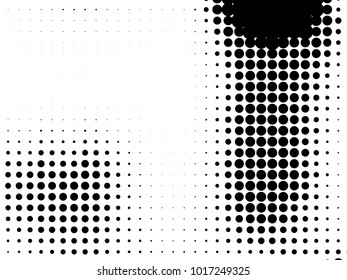 Abstract monochrome halftone pattern. Futuristic panel. Gunge dotted backdrop with circles, dots, point. Design element for web banners, posters, cards, wallpapers, sites. Black and white color