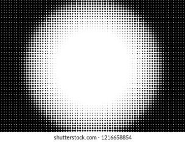 Abstract monochrome halftone pattern. Futuristic panel. Grunge dotted backdrop with circles, dots, point. Design element for web banners, posters, cards, wallpapers, sites. Black and white color