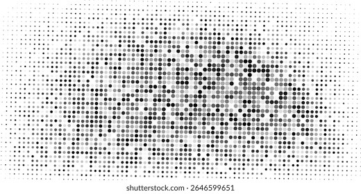 Padrão de meio-tom monocromático abstrato. Painel futurista. Fundo pontilhado de grunge com círculos, pontos, ponto. Elemento de design para banners da web, cartazes, cartões, papéis de parede, sites. 