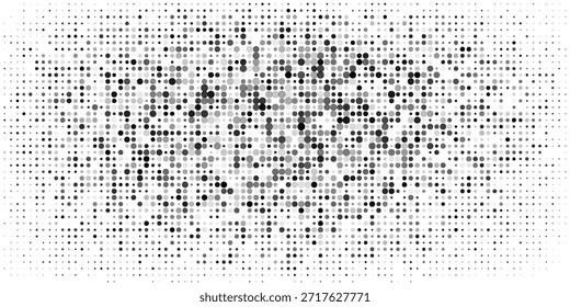 Padrão de meio-tom monocromático abstrato. Painel futurista. Fundo pontilhado de grunge com círculos, pontos, ponto. Elemento de design para banners da web, cartazes, cartões, papéis de parede, sites. Cor preta e branca
