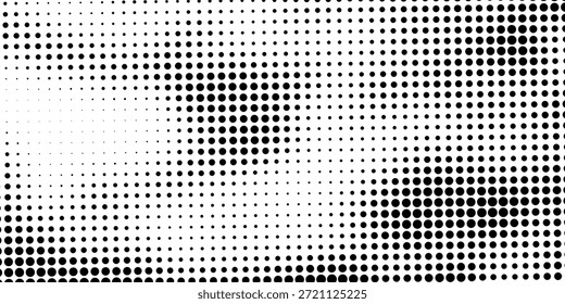 Abstract monochrome halftone pattern. Futuristic panel. Grunge dotted backdrop with circles, dots, point. Design element for web banners, posters, cards, wallpapers, sites. Black and white color
