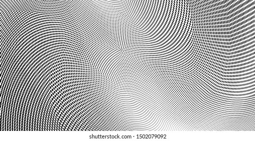 Abstract monochrome halftone pattern. Soft dynamic lines. Half tone  geometric vector illustration with dots. Modern black and white polka dots panoramic background for web design, print
