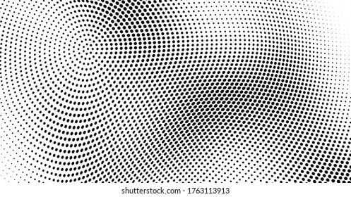 Abstract monochrome halftone texture. Chaotic wave of black dots on a white background