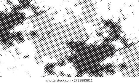 Textura de meio-tom monocromático abstrato com pontos manchados irregulares em preto e branco, criando um efeito vintage angustiado grunge, perfeito para fundos de design gráfico e sobreposições