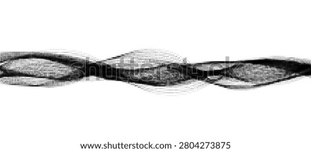 Abstract monochrome halftone wave. Abstract dynamic wave, digital audio equalizer, flow line, frequency sound. Halftone dotted fluid design. Vector dotted background