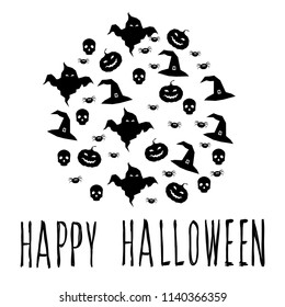 Abstract monochrome happy halloween card background. Modern black and white pattern for halloween card, party invitation, wallpaper, holiday shop sale,  bag print, t shirt, workshop advertising etc.