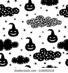 Abstract monochrome happy halloween seamless background. Modern pattern for halloween card, party invitation, menu, wallpaper, holiday shop sale, bag print, t shirt, workshop advertising etc.