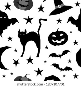 Abstract monochrome happy halloween seamless background. Modern pattern for halloween card, party invitation, menu, wallpaper, holiday shop sale, bag print, t shirt, workshop advertising etc.