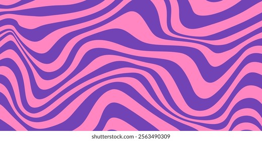 Abstract monochrome horizontal background with dynamic waves. Trendy vector illustration in style retro 60s, 70s. Pink and purple colors