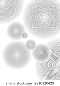 An abstract monochrome illustration featuring multiple overlapping spheres formed by fine concentric circular line patterns, creating a soft moiré and optical illusion effect. The orbs vary in size and are arranged asymmetrically on a clean white background, with a subtle graceless gradient giving them a three-dimensional, bubble-like appearance.