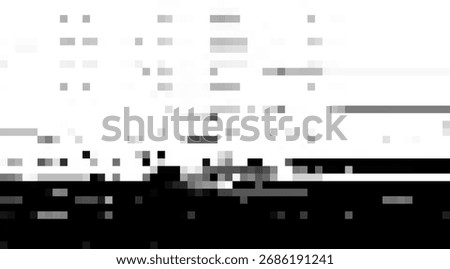 Abstract monochrome illustration featuring a stark contrast of black squares and bars against a bright white background, creating a digital or pixelated aesthetic with a minimalist design