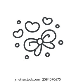 Abstract monochrome illustration with hearts, sparkles and bow. Cute hand drawn design element isolated on a white background. Kawaii St. Valentine day sticker. Vector 10 EPS.