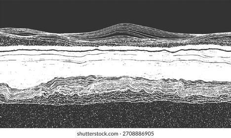 Imagen monocromática Abstractas con líneas onduladas blancas en capas y áreas grises oscuras texturizadas.