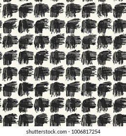 Abstract Monochrome Irregular Textured Checked Motif. Seamless Pattern.